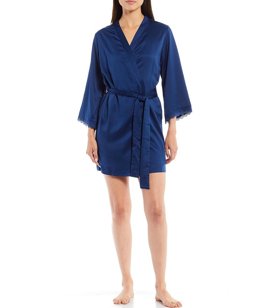Flora Nikrooz Victoria Lace Trim 3/4 Sleeve Satin Wrap Robe