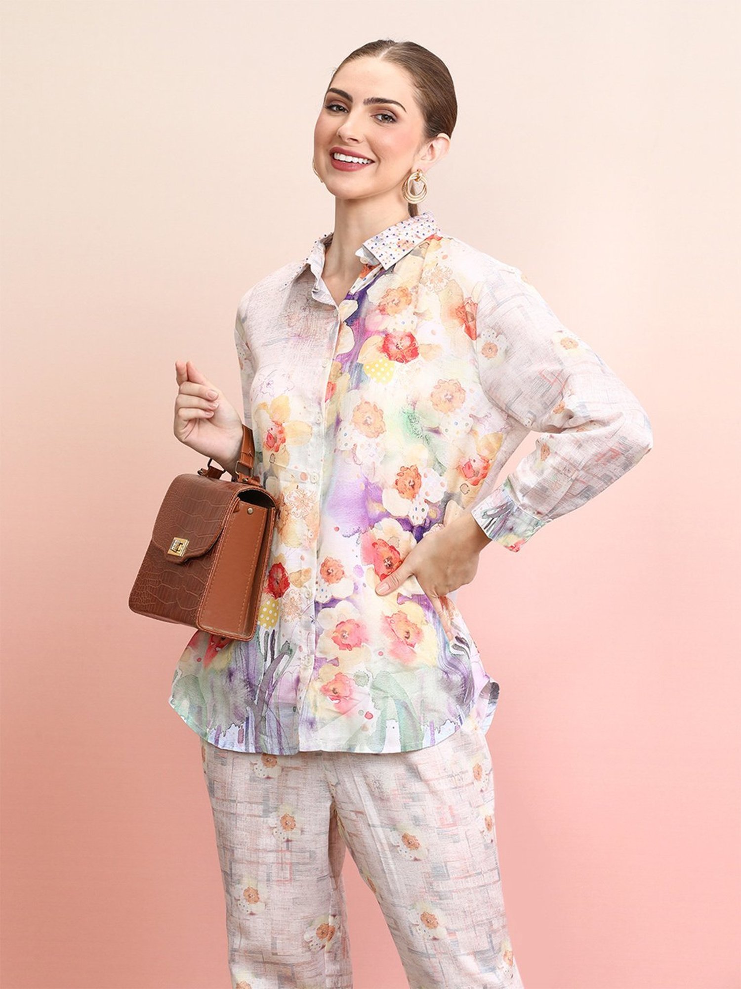 Indo Era White Floral Print Shirt Pant Set
