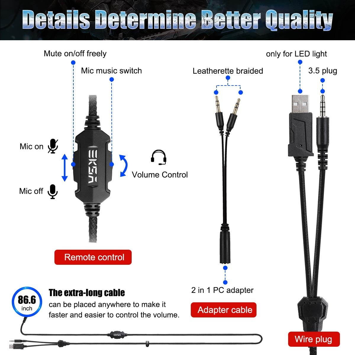 EKSA E3000 USB Gaming Headset PS4 Xbox One Headset with Noise Cancelling Mic & RGB Light - Gaming Headphones for PC, Laptop, Xbox One Controller (Adapter Not Included), PlayStation 4, Nintendo Switch