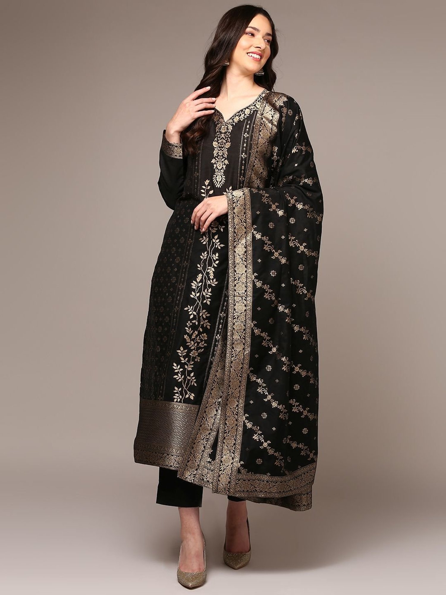Vaamsi Black Woven Pattern Kurta Pant Set With Dupatta