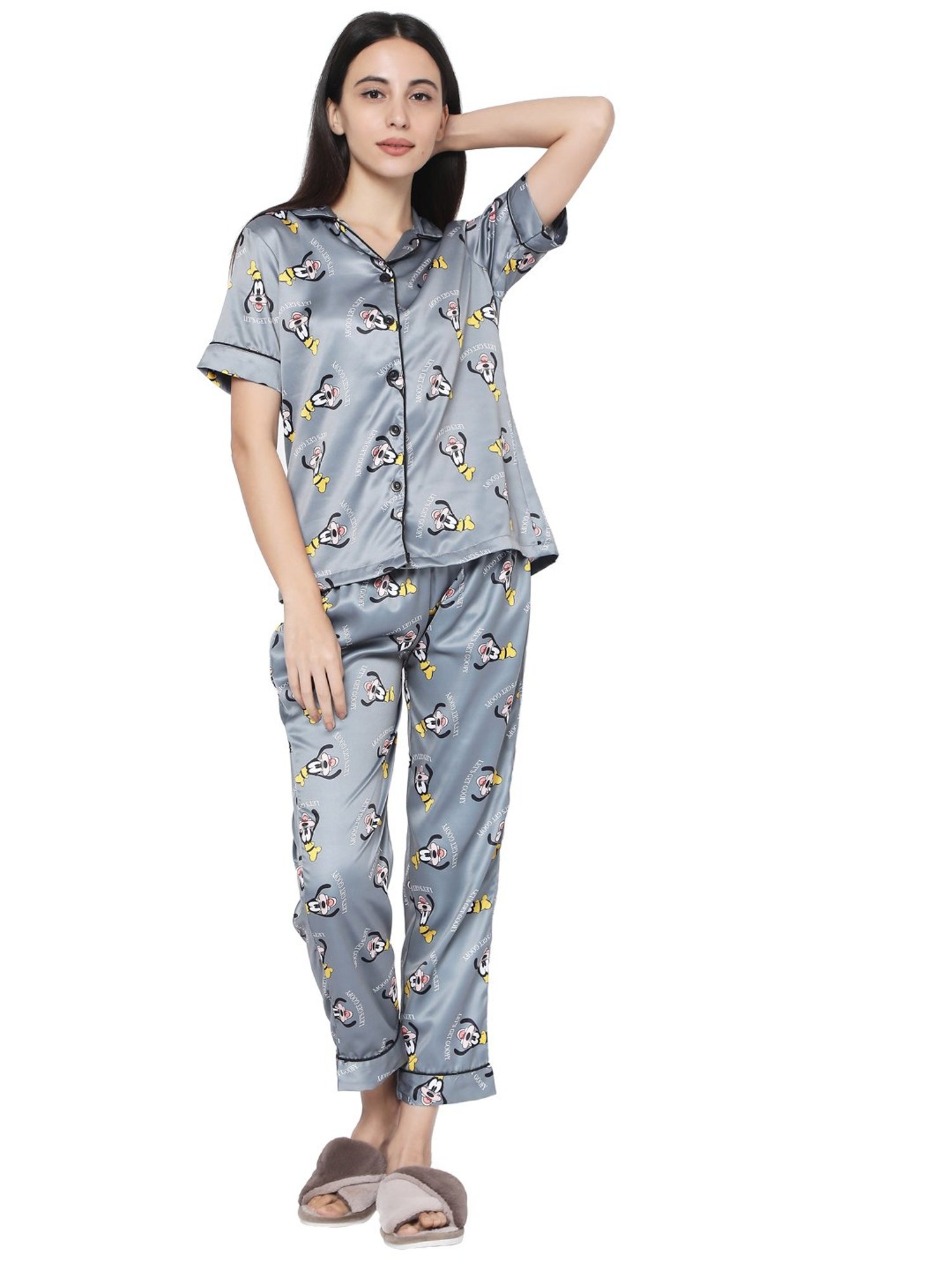 Smarty Pants Dark Grey Satin Print Shirt With Pyjamas