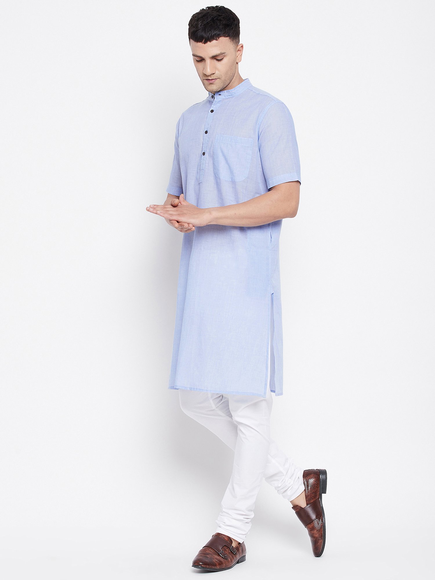 Even Blue Self Design Mandarin Collar Kurta