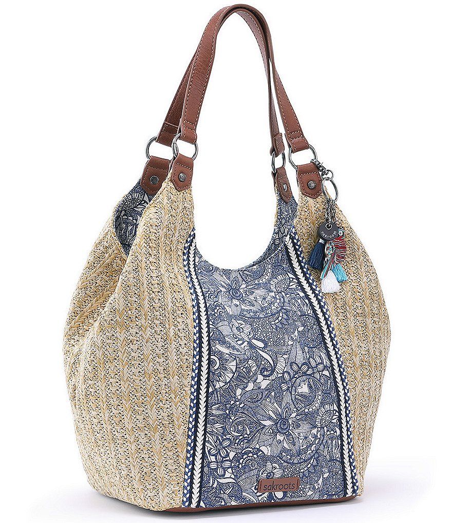 Sakroots Roma Straw Canvas Snap Floral Hobo Tassel Bag