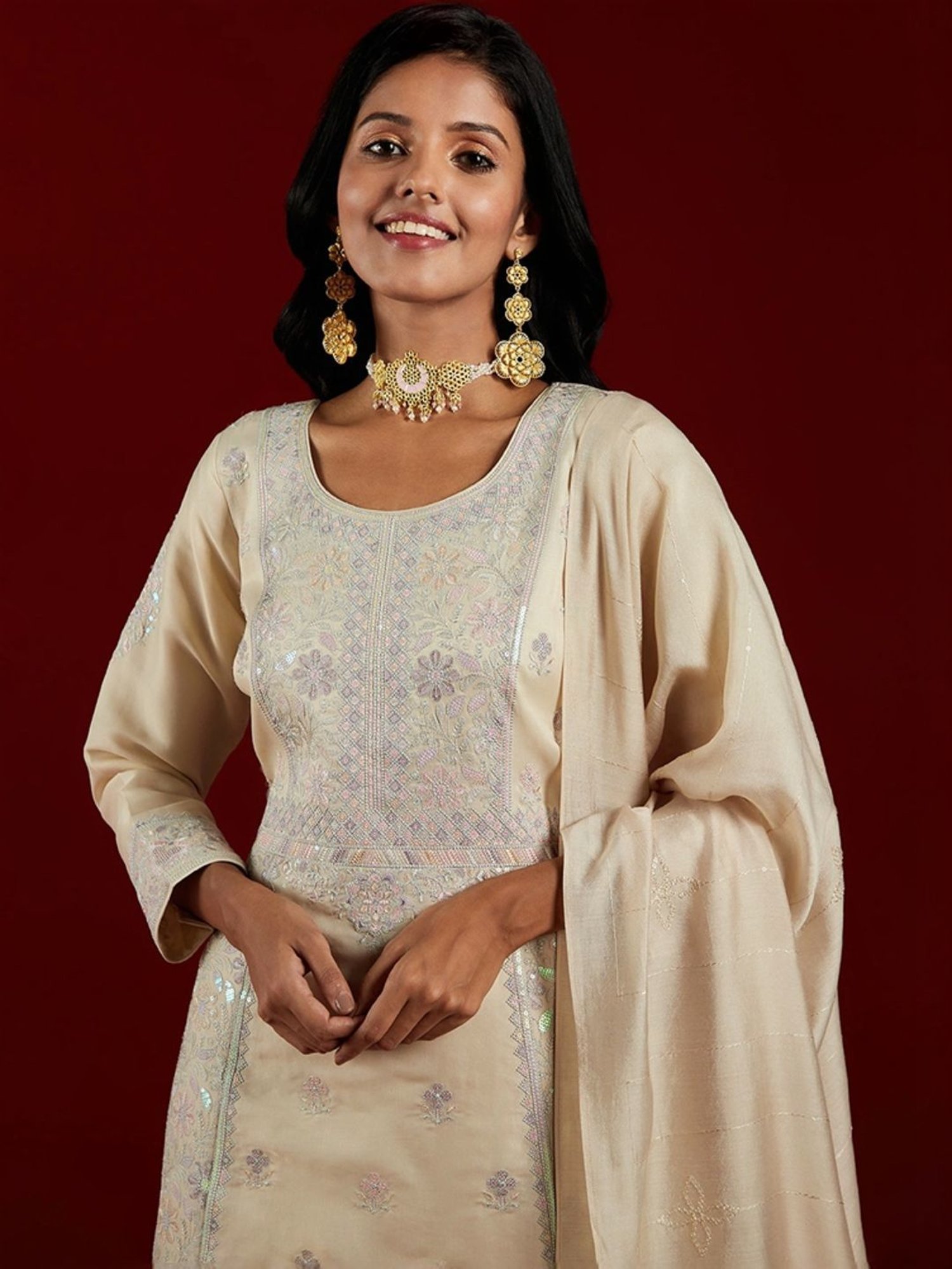 Libas Art Beige Embroidered Kurta Pant Set With Dupatta