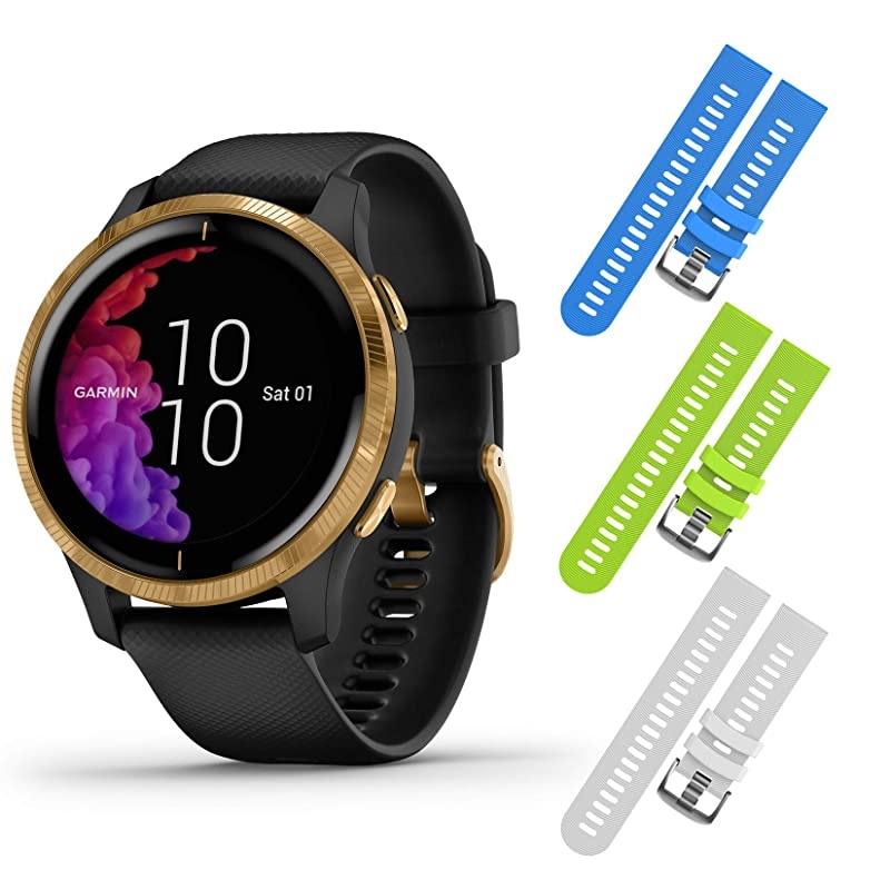 Garmin Venu GPS Smartwatch with AMOLED Display and Included  3 Straps Bundle (Black/Gold, Blue/Lime/White)