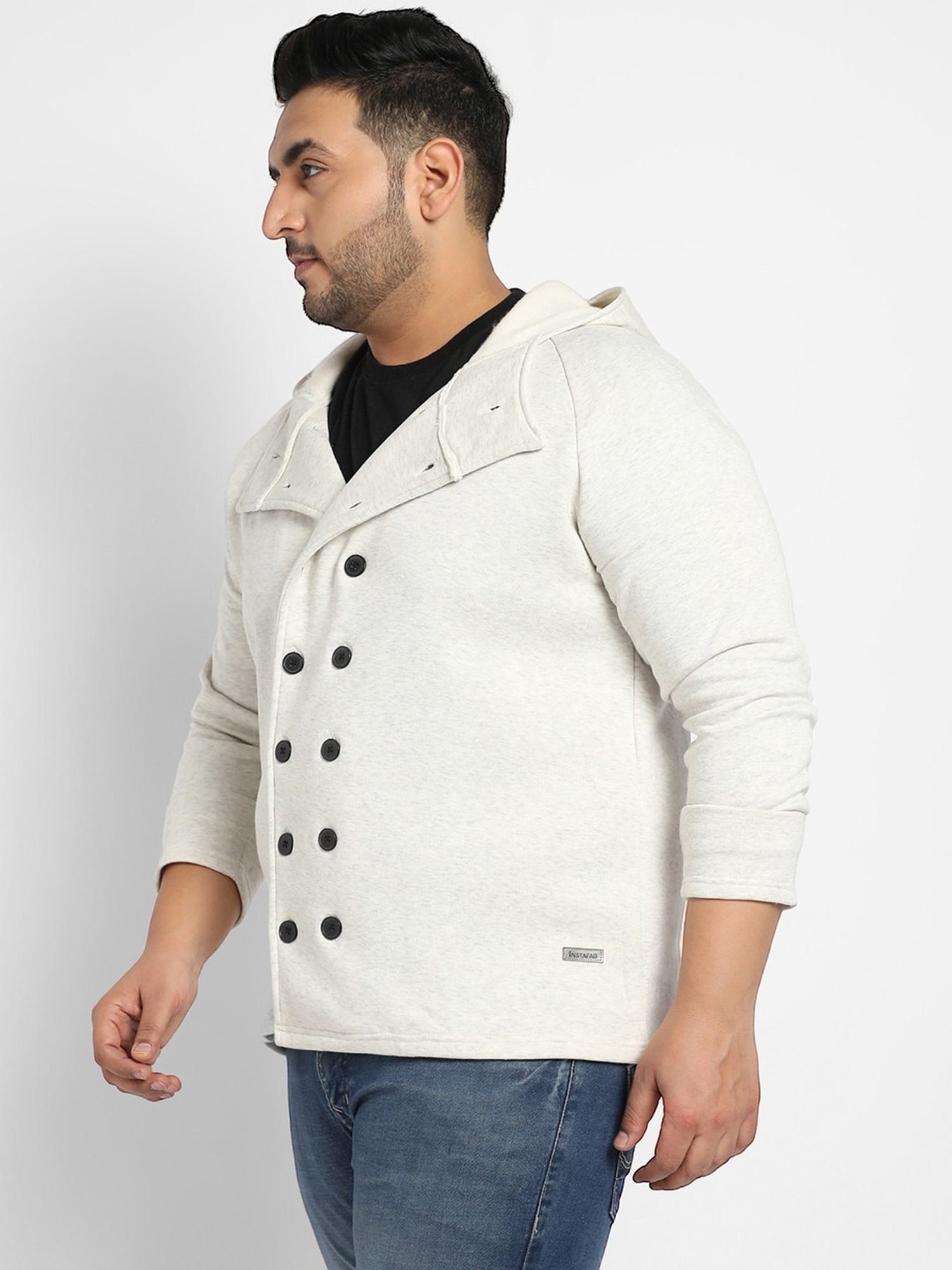 Instafab Plus Grey Cotton Regular fit Self Pattern Plus Size Hooded Jacket