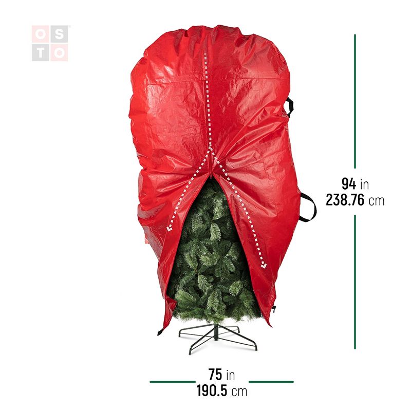 OSTO Christmas Tree Storage Bag for Assembled Trees Up to 9 ft. Tall; 2 Carry Handles, Durable Zipper, and Drawstring Hem. Waterproof, Tear Proof Red