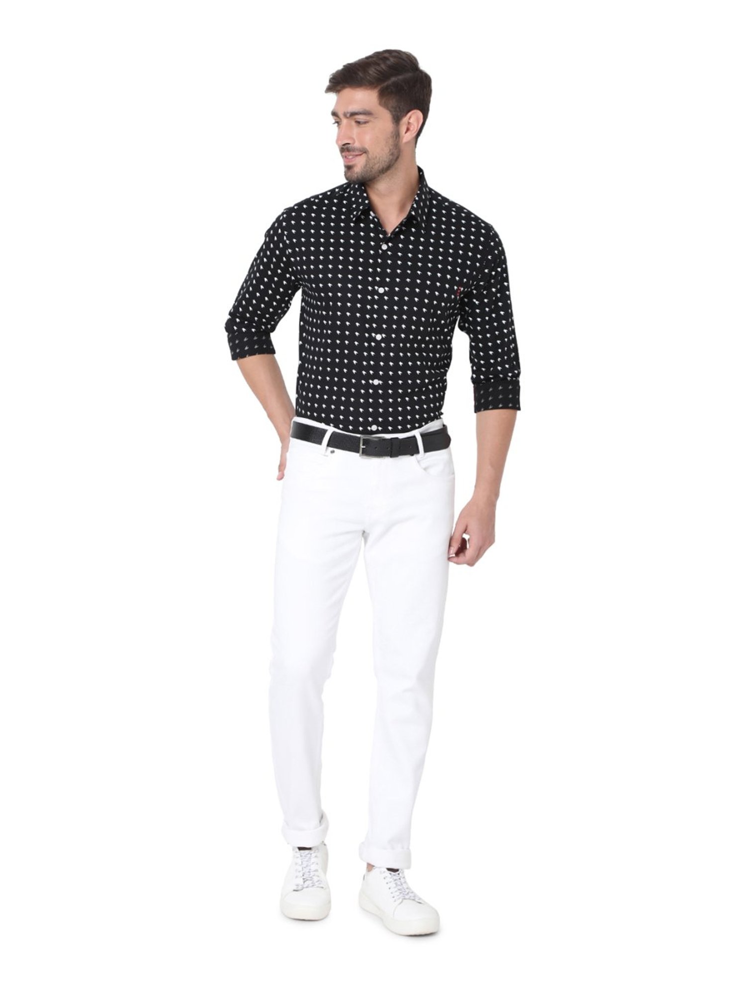Mufti Black Cotton Slim Fit Printed Shirt