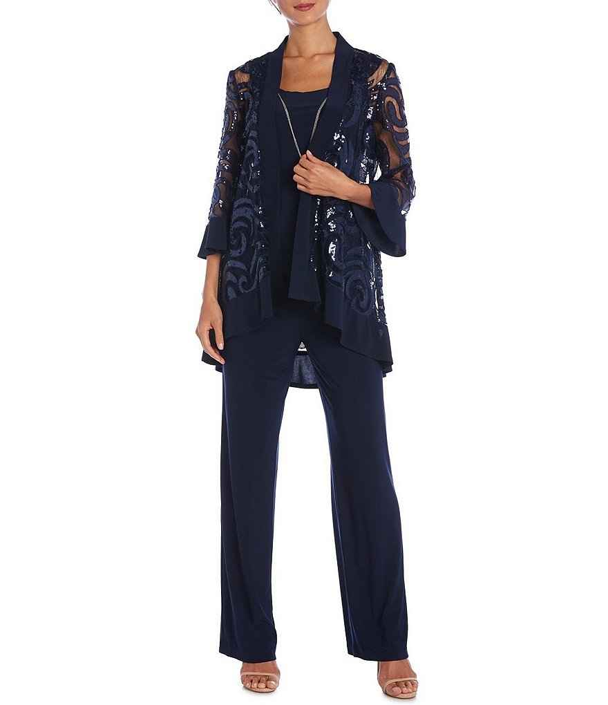 R & M Richards Swirl Sequin Jacket 2-Piece Pant Set