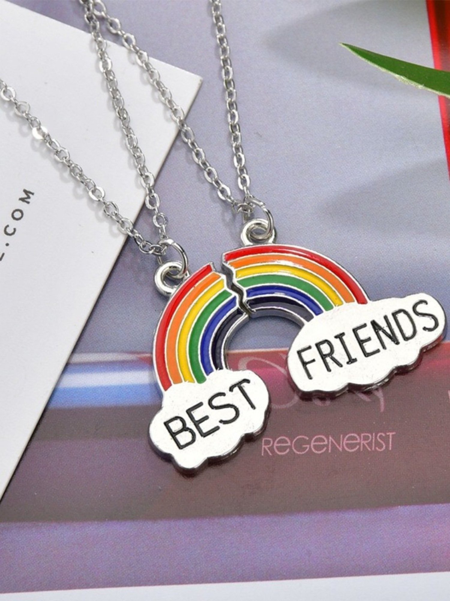 YouBella Jewellery Silver Plated Rainbow Best Friends Necklace Chain for Girls and Women - Set of 2