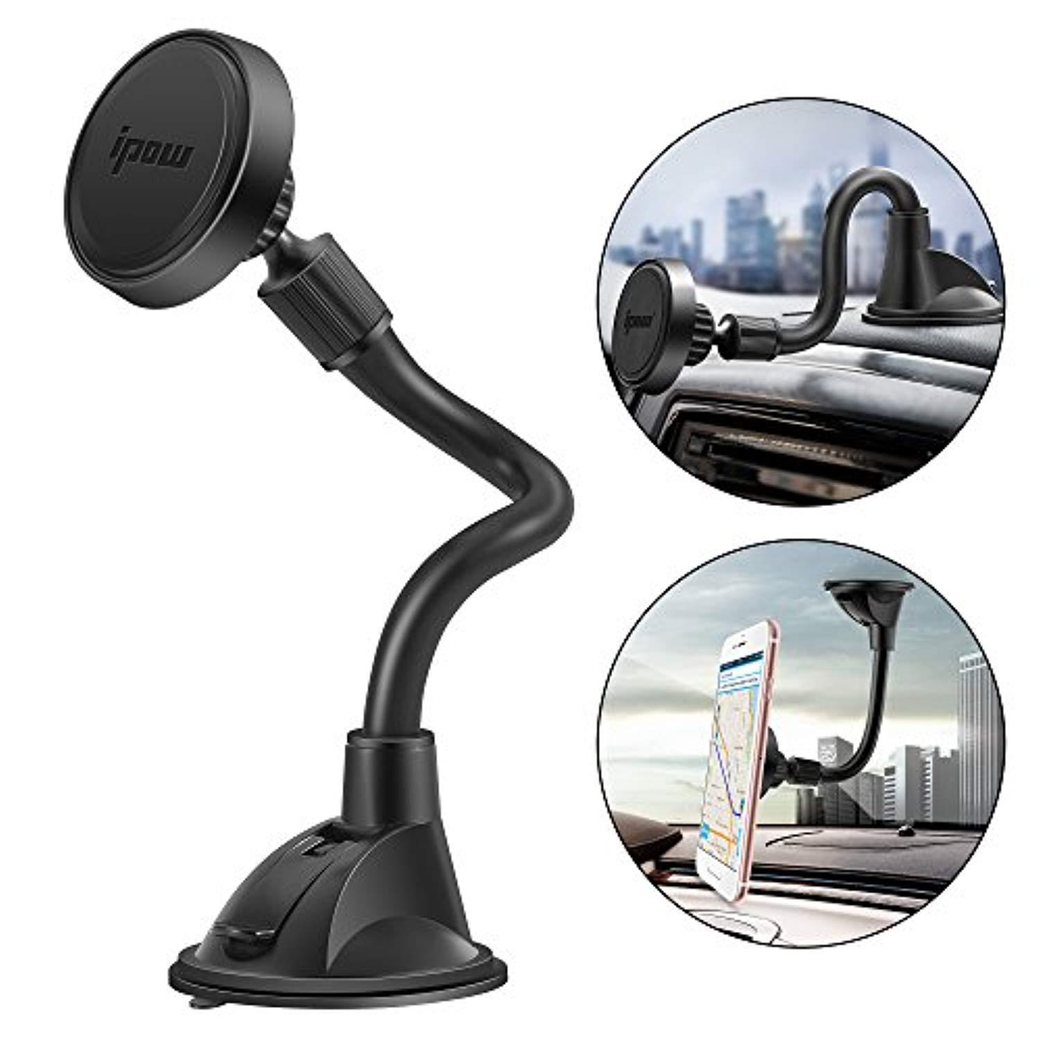 ipow long arm universal magnetic cradle windshield dashboard cell phone mount holder with 4 metal plates, soft firm goose arm a