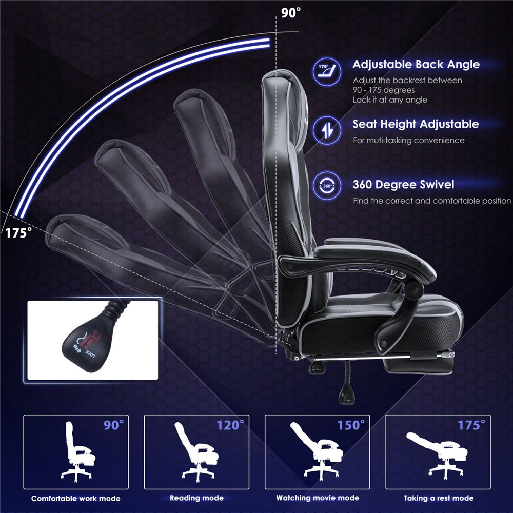 Massage Gaming Chair High Back PU Leather PC Racing Computer Desk Office Swivel Recliner with Retractable Footrest and Adjustable Lumbar Support