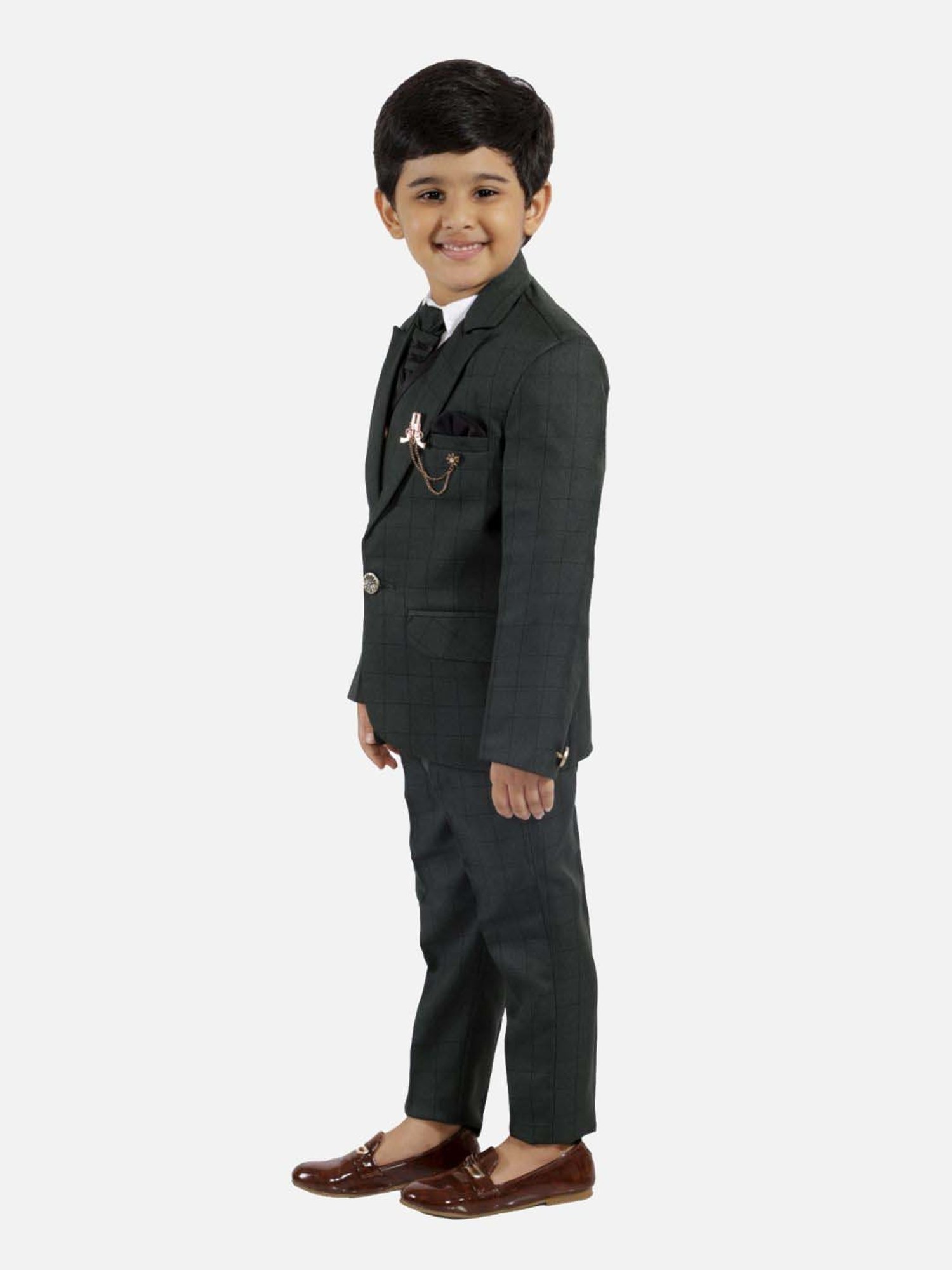 Fourfolds Boys Green Checks Full Sleeves Suit Set