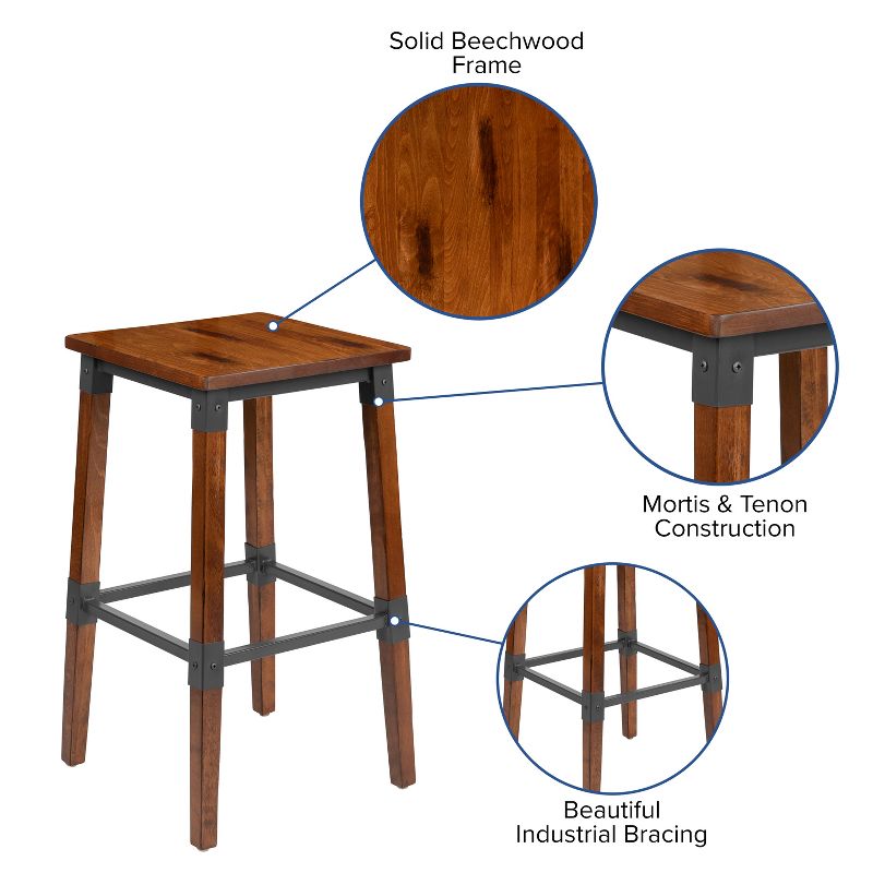 Emma and Oliver 4 Pack Commercial Grade Rustic Walnut Industrial Style Backless Wood Barstool