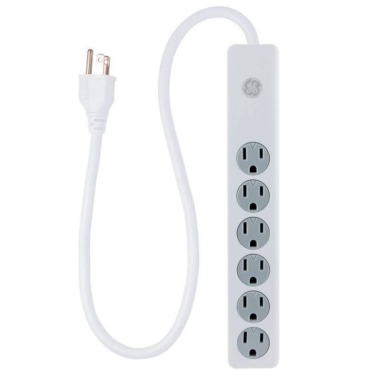 GE 6 Outlet Surge Protector, 10 Ft Extension Cord, Power Strip, 800 Joules, Flat Plug, Twist-to-Close Safety Covers, White, 14092