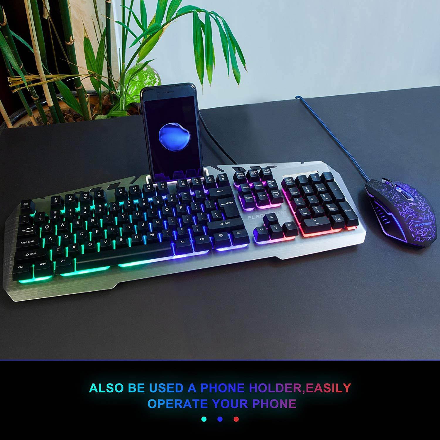 FLAGPOWER Gaming Keyboard Mouse Combo LED Backlit Mechanical Feeling Bundle Set Metal Aluminum-Alloy Phone Holder Computer PC Games Office(New Version)