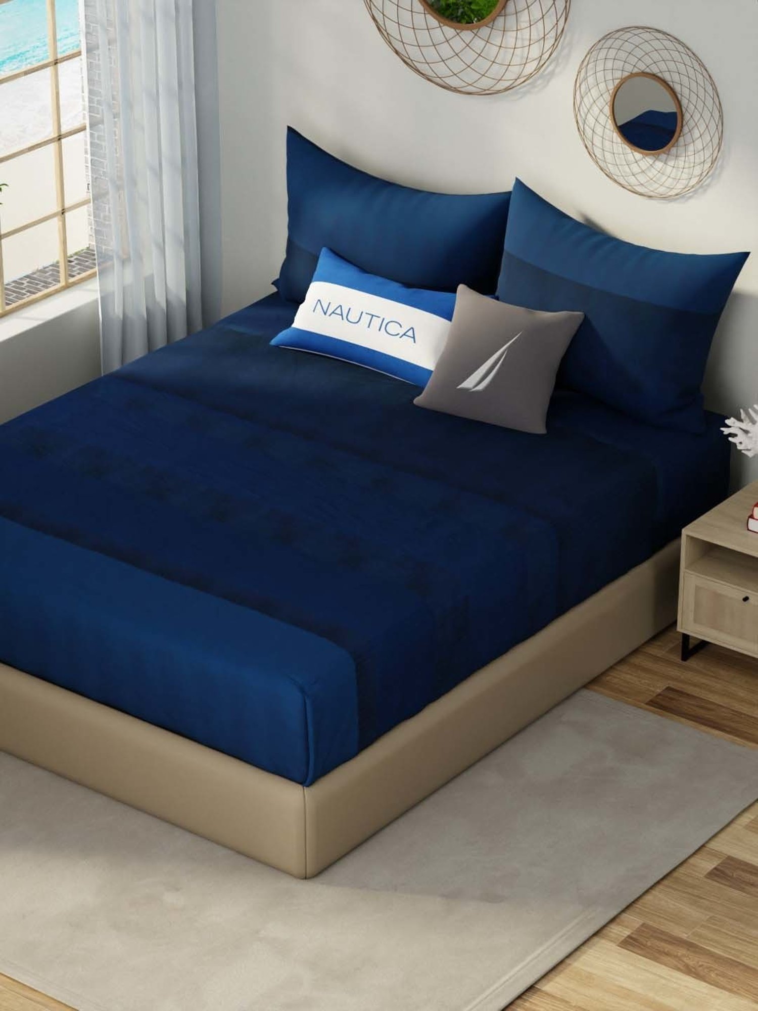 NAUTICA Hampton Blue Satin Cotton 210 TC King Fitted Bedsheet with 2 Pillow Cover