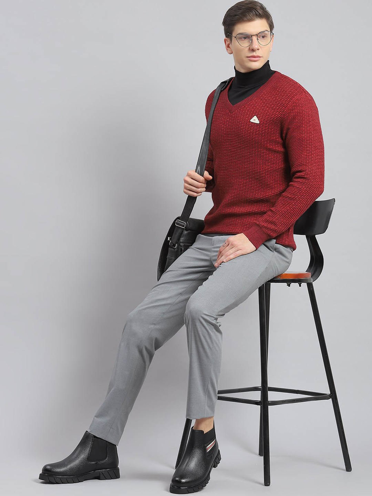 Monte Carlo Mix Maroon Regular Fit Self Pattern Sweater