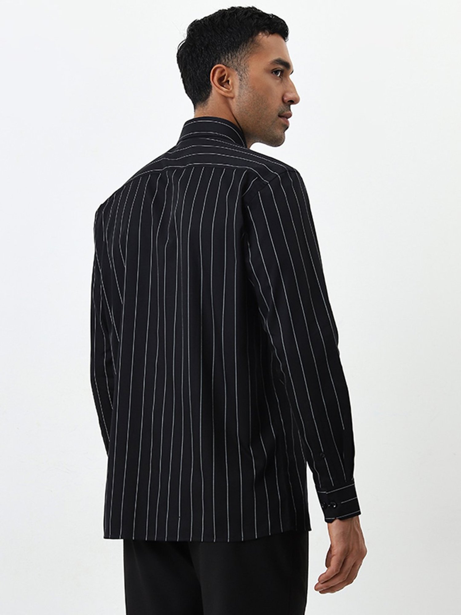 WES Formals by Westside Black Pinstriped Relaxed-Fit Cotton Shirt