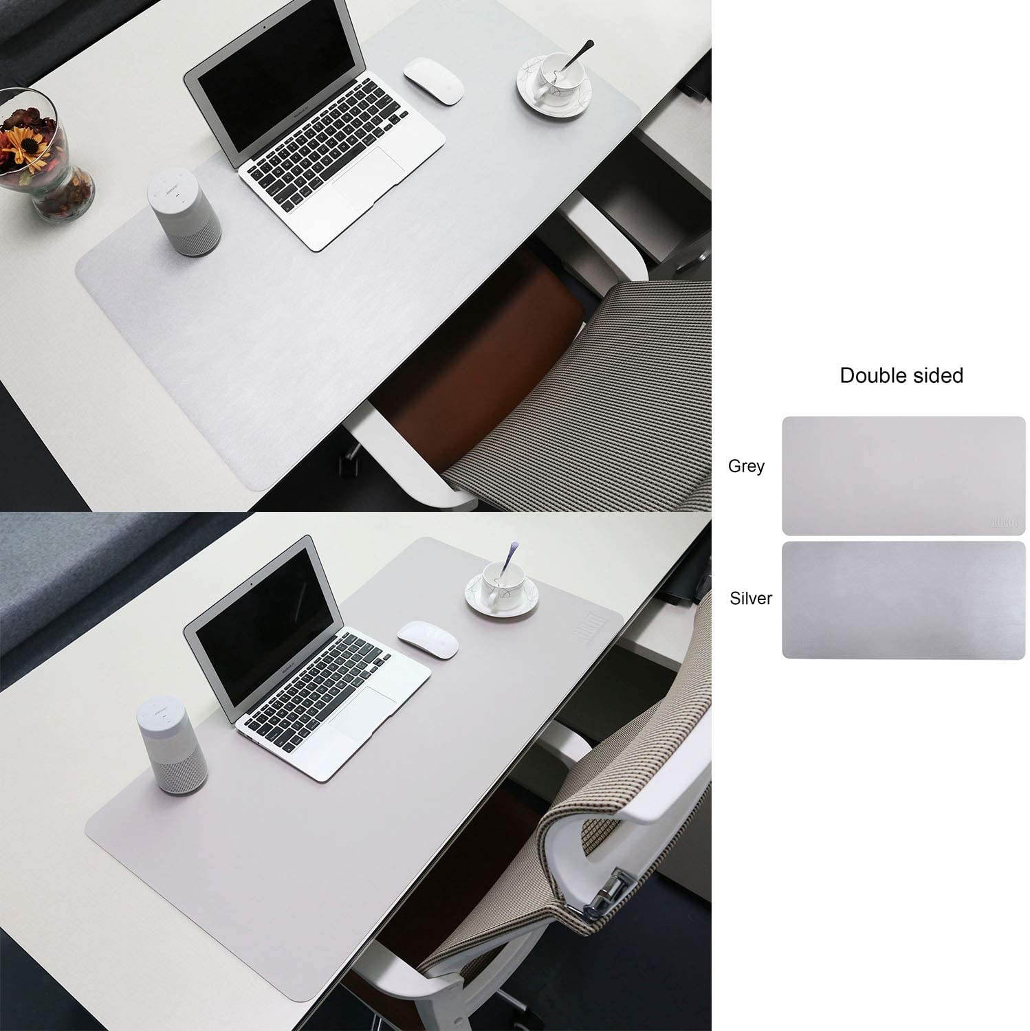 BUBM PU Leather Mouse Pad Mat Waterproof, Perfect Desk Writing Mat for Office and Home,Ultra Thin 2mm - 31.5"x15.8" (Gray)