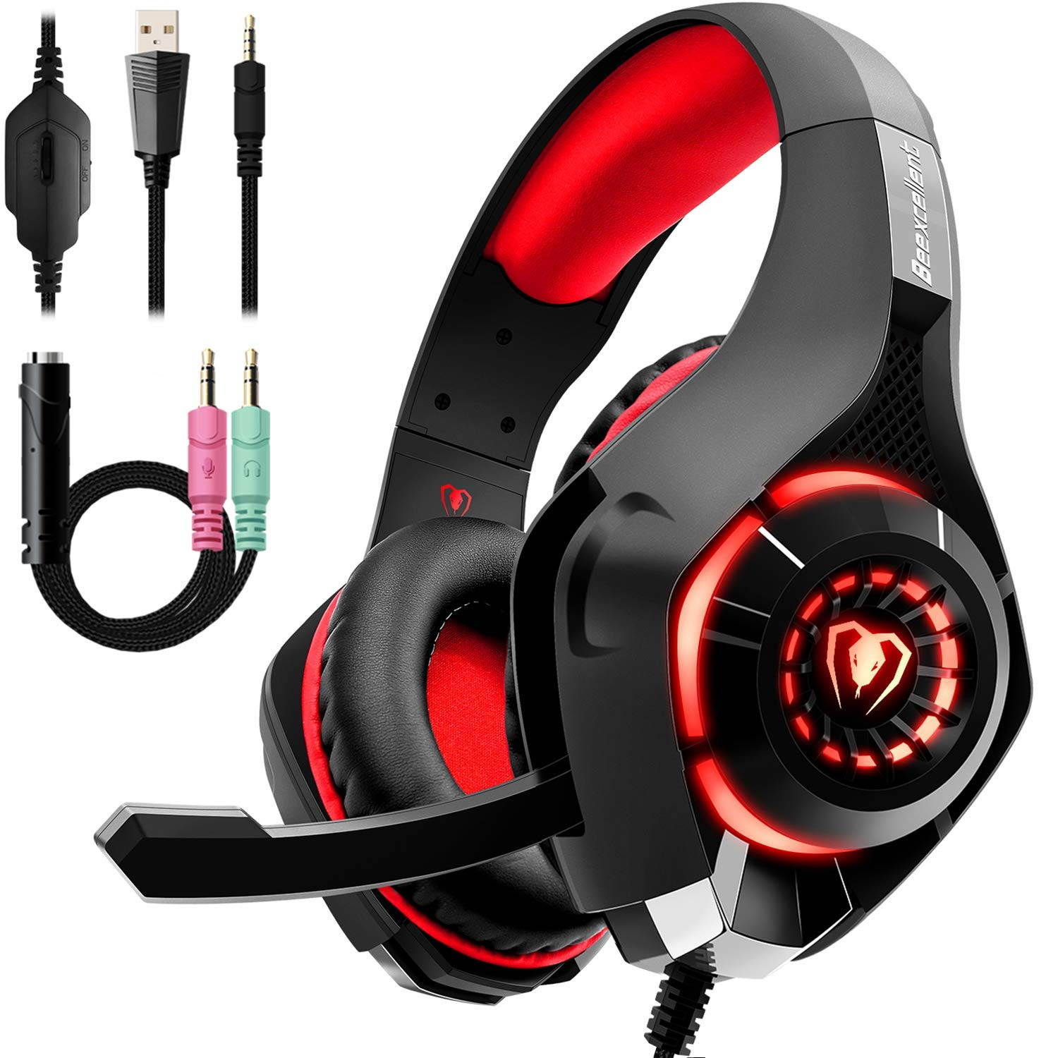 Beexcellent GM-1  Gaming Headset for PS4 Xbox One PC Gaming Headphone with Crystal Stereo Bass Surround Sound, LED Lights & Noise-Isolation Microphone