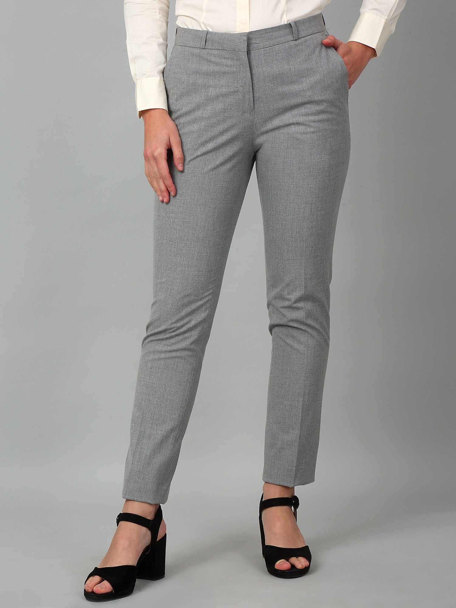 Cantabil Grey Cotton Lycra Textured Regular Fit Mid Rise Trousers