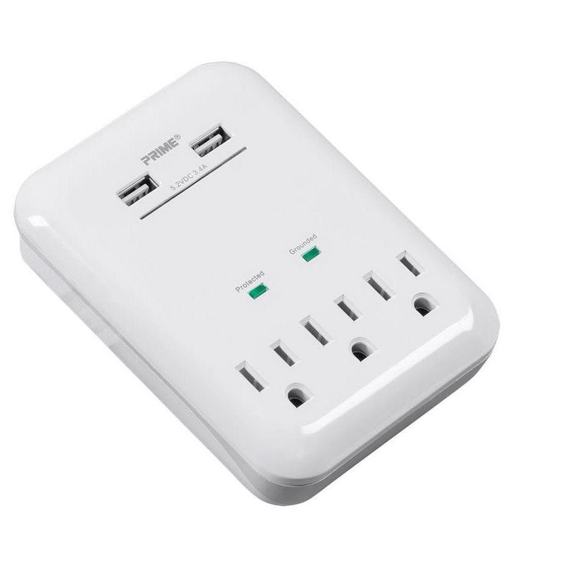 Monoprice 3 Outlet Surge Protector Wall Tap with 2 USB Charging Ports 3.4A, White