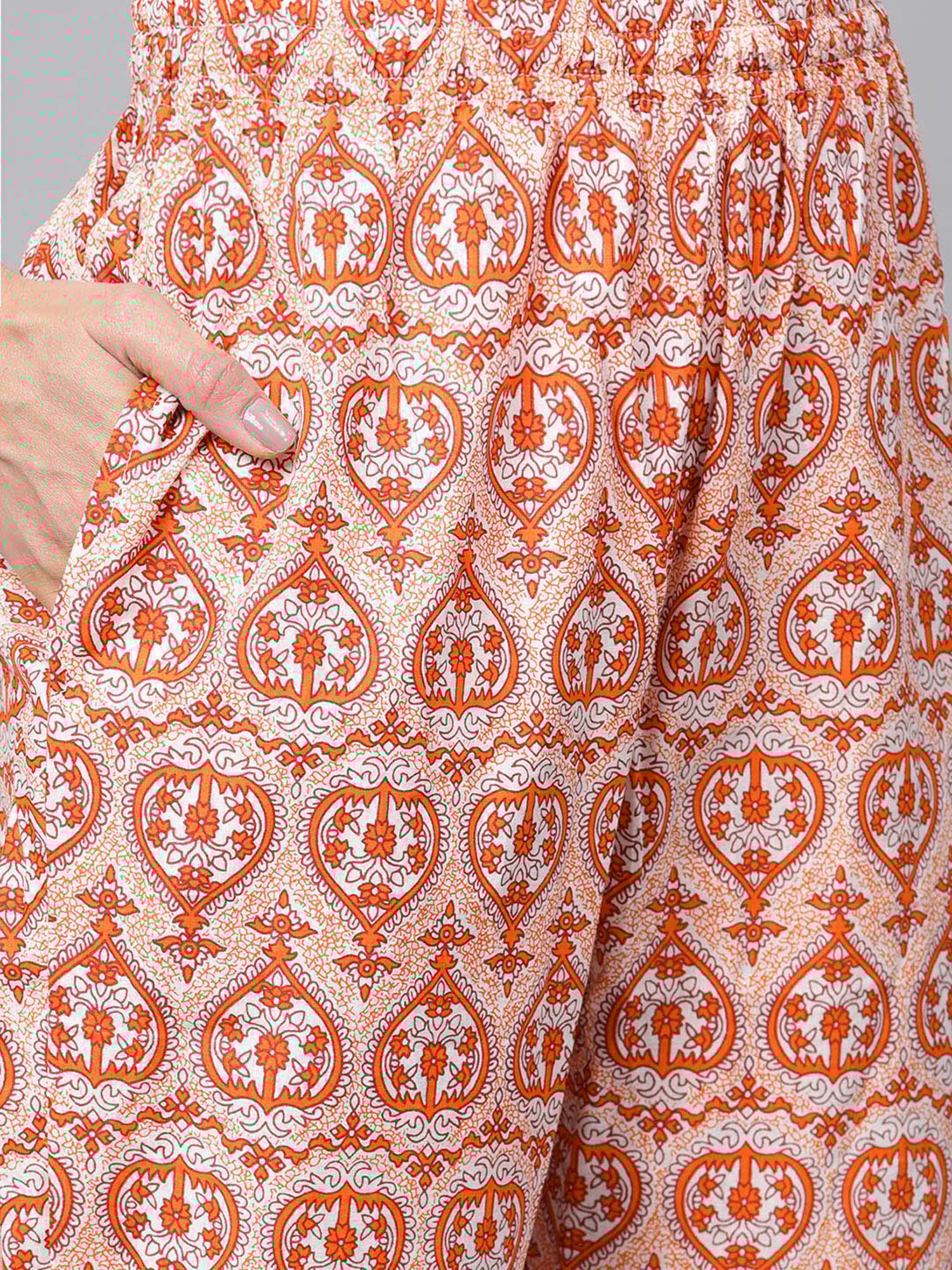 Anubhutee White & Orange Printed Kurti Pyjama Set