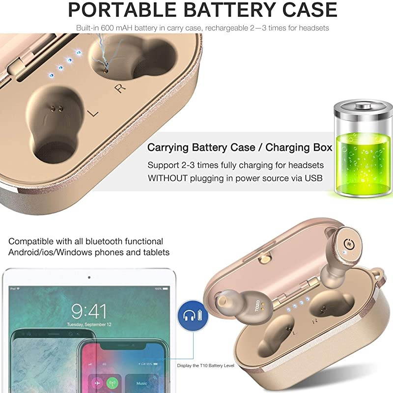 T10 Bluetooth 5.0 Wireless Earbuds with Wireless Charging Case IPX8 Waterproof TWS Stereo Headphones in Ear Built in Mic Headset Premium Sound with Deep Bass for Sport Khaki