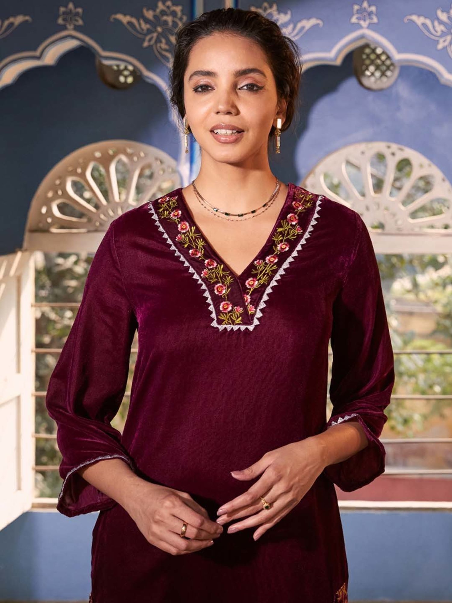 Rustorange Pink Embroidered Straight Kurta