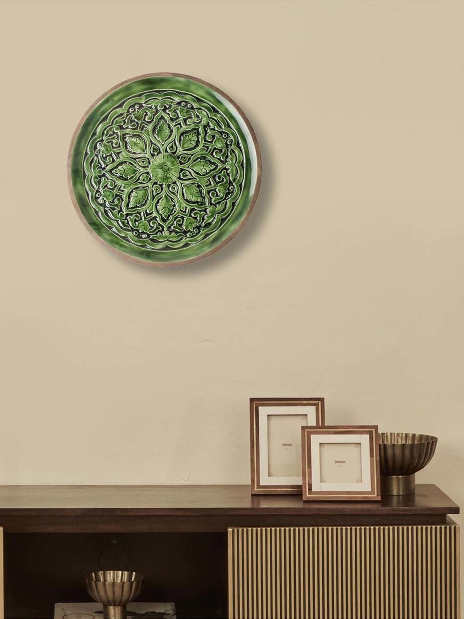 Fabindia Home Gulmohar Green Wood Hand Carved Wall Plate