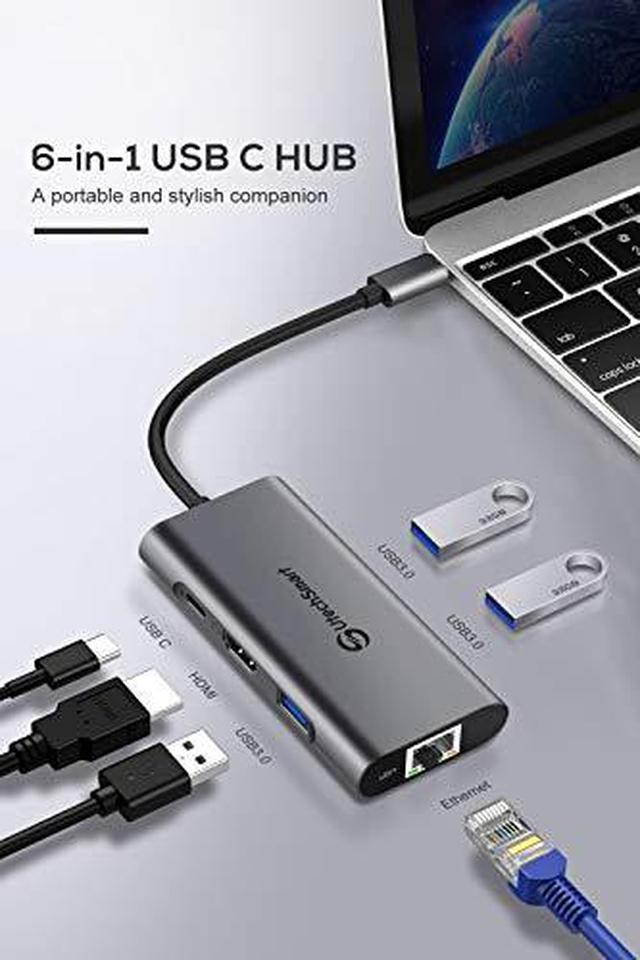 USB C Hub, UtechSmart 6 In 1 USB C to HDMI Adapter with 1000M Ethernet, Power Delivery Pd Type C Charging Port, 3 USB 3.0 Ports Adapter Compatible for MacBook Pro, Chromebook, XPS, and USB C devices