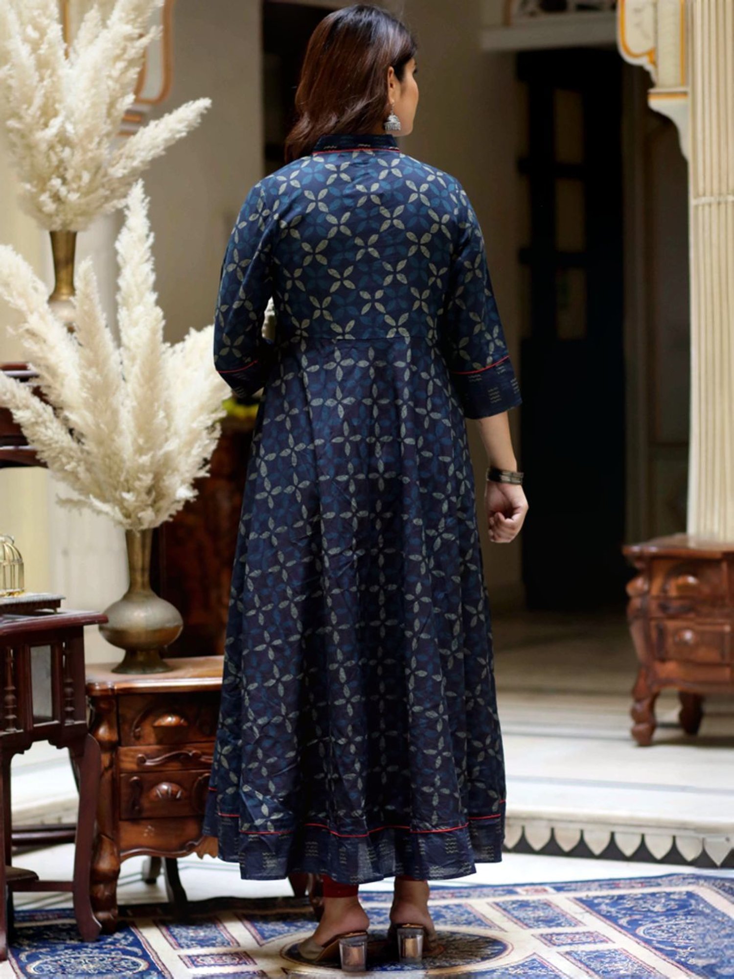Miravan Blue Cotton Angrakha Printed Kurta