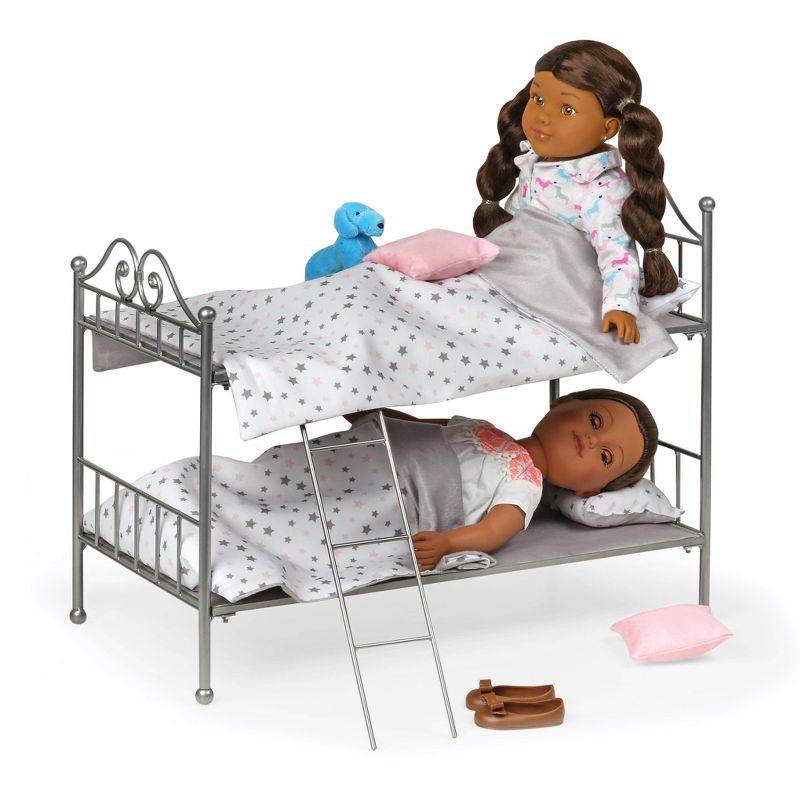 Scrollwork Metal Doll Bunk Bed with Ladder and Bedding - Silver/Pink/Stars