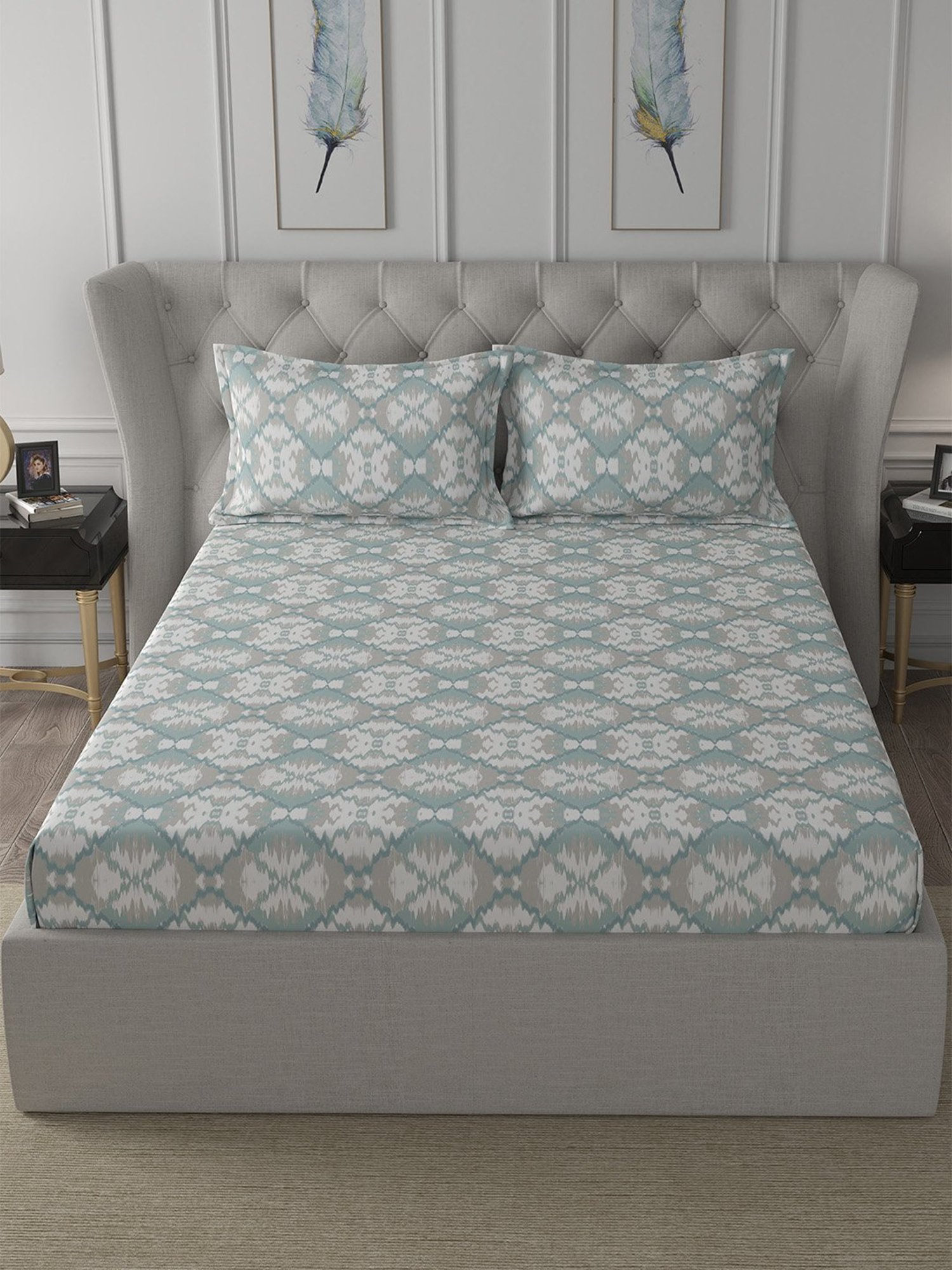 In-House by Maspar Blue 200 TC Cotton Printed Bed Sheet with 2 Pillow Cover