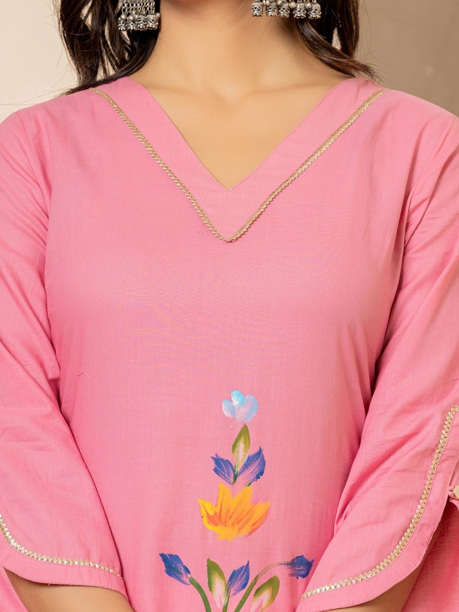 Yufta Pink Cotton Floral Print Straight Kurta