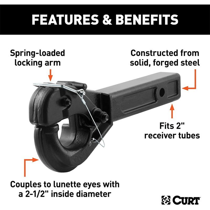 CURT 48004 Receiver Mount Pintle Trailer Hitch Hook for 2 Inch Receiver Tube and 2.5 Inch Inside Diameter Lunette Rings, Holds 20,000 Pounds, Black