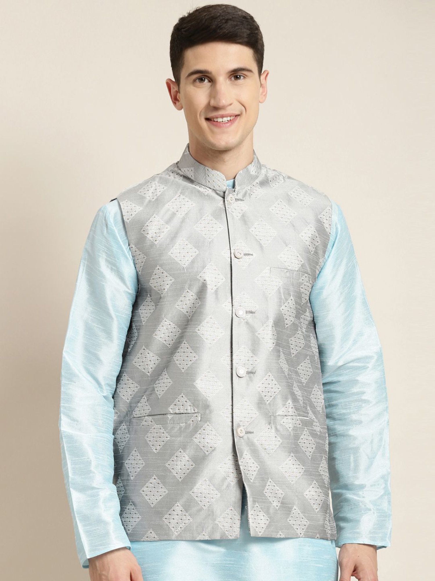 Sojanya Grey Regular Fit Self Pattern Nehru Jacket