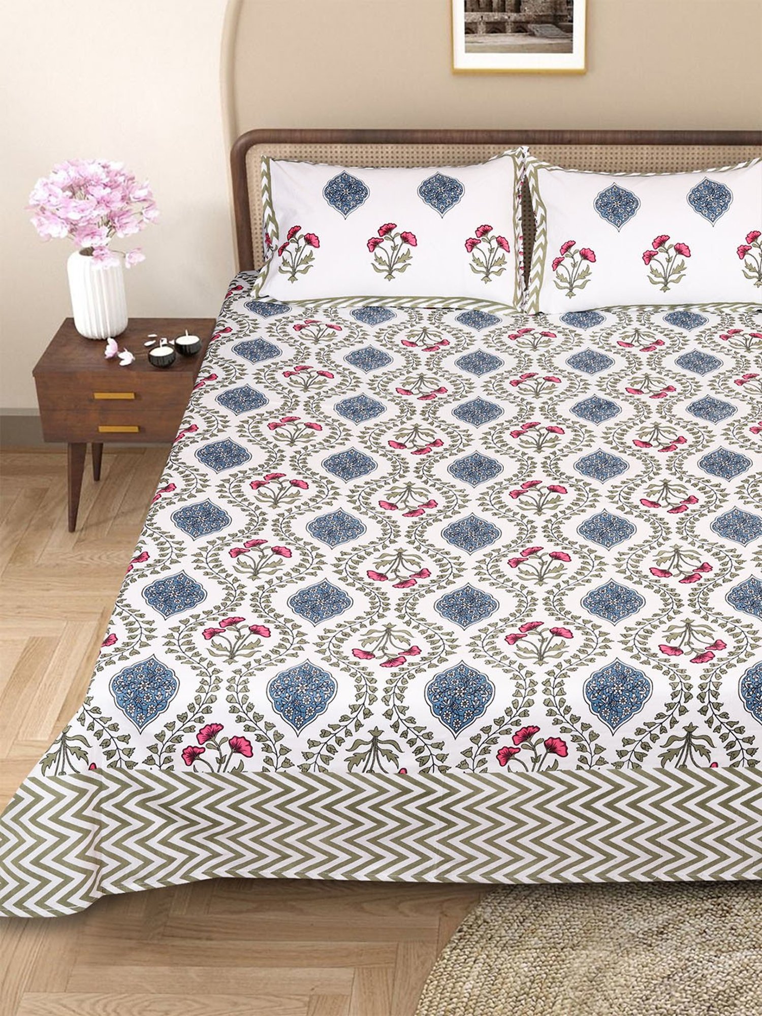 Romee White Cotton Ethnic Bed Sheets
