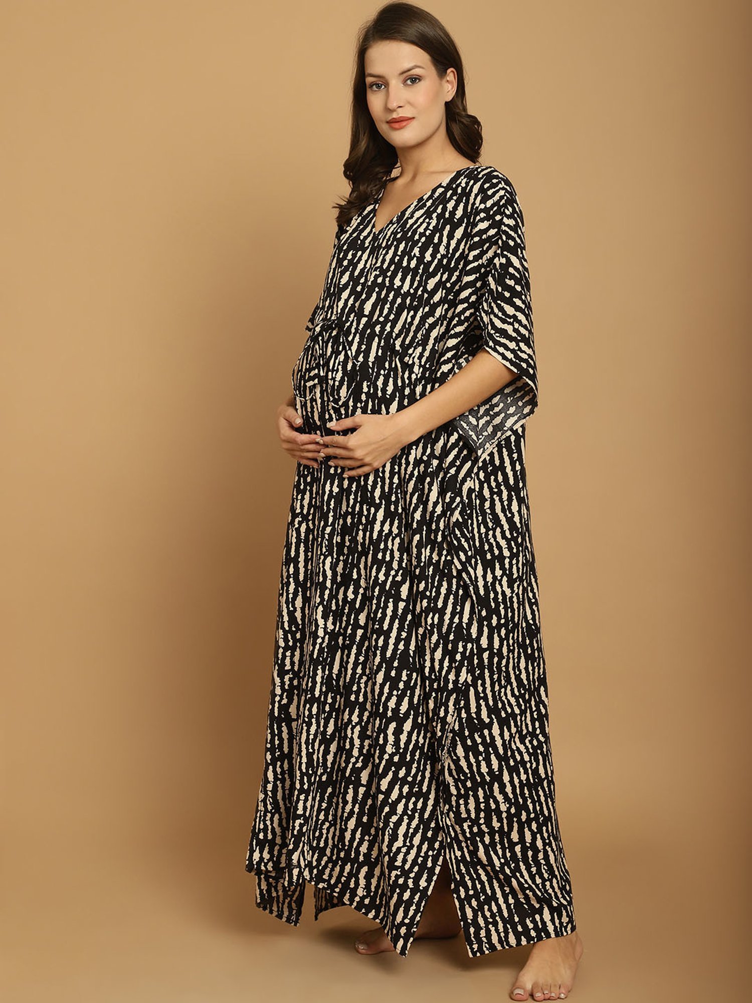 Secret Wish Black & Cream Printed Maternity Kaftan Nighty
