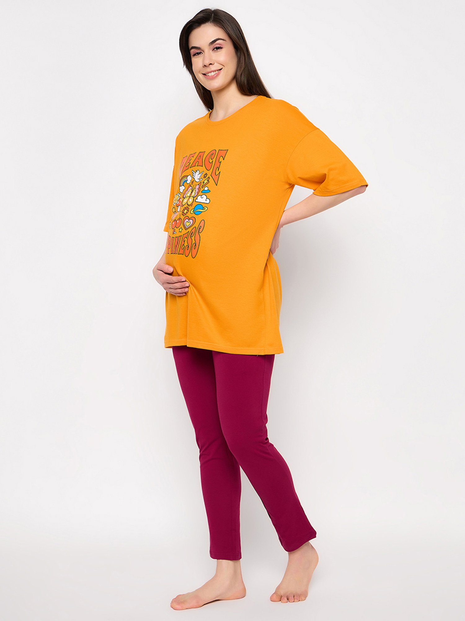 Clovia Yellow & Pink Graphic Print Maternity Top With Pyjamas