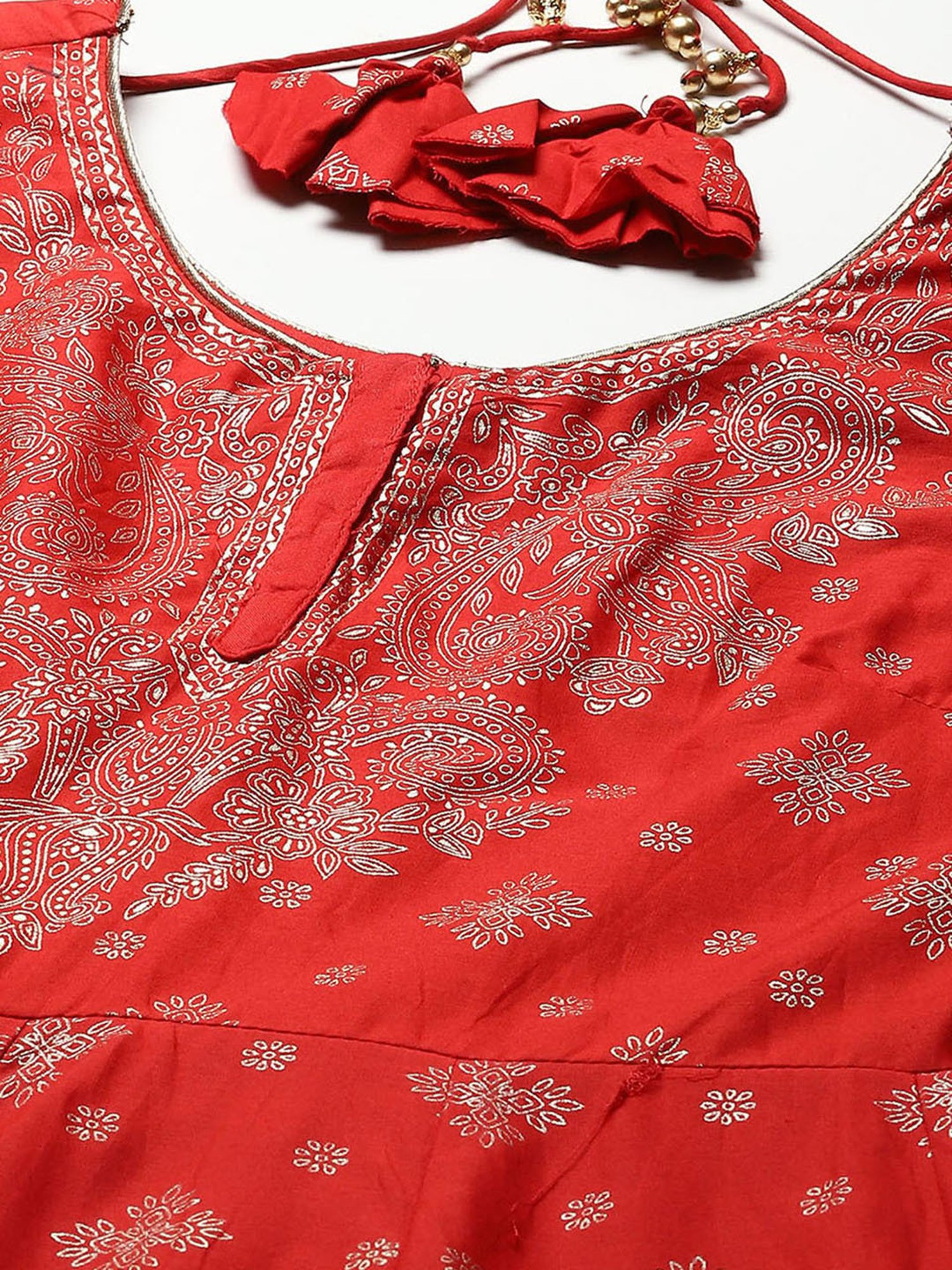 Biba Red Cotton Printed Anarkali Kurta With Churidar & Dupatta