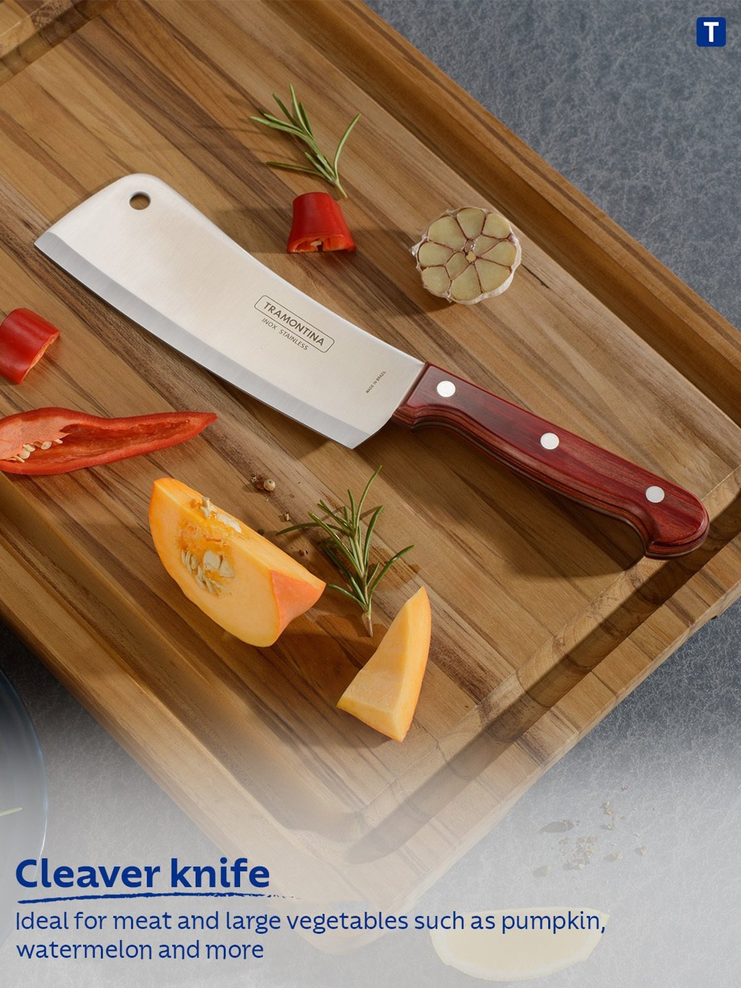 Tramontina Polywood Stainless Steel Cleaver Knife 6" Plain Edge Polywood Handle Kitchen Knife