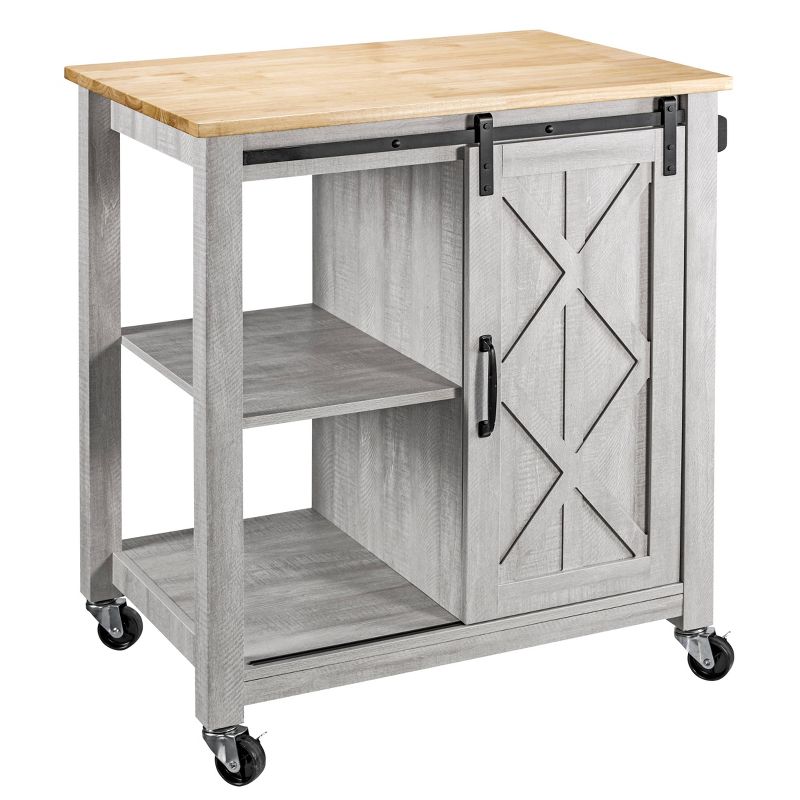 33" Sliding Door Kitchen Cart with Wood Top Saw Cut White - Home Essentials