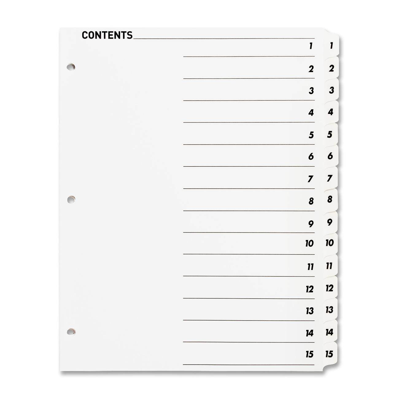 Index Dividers,w/TOC Page,1-15, 15 Tabs/ST,11"x8-1/2",White