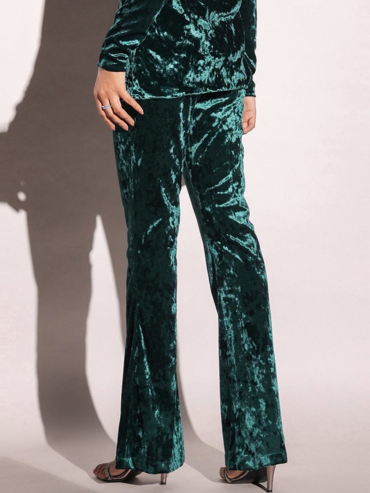BInfinite Emerald Green Showtime Velvet Flared Trousers