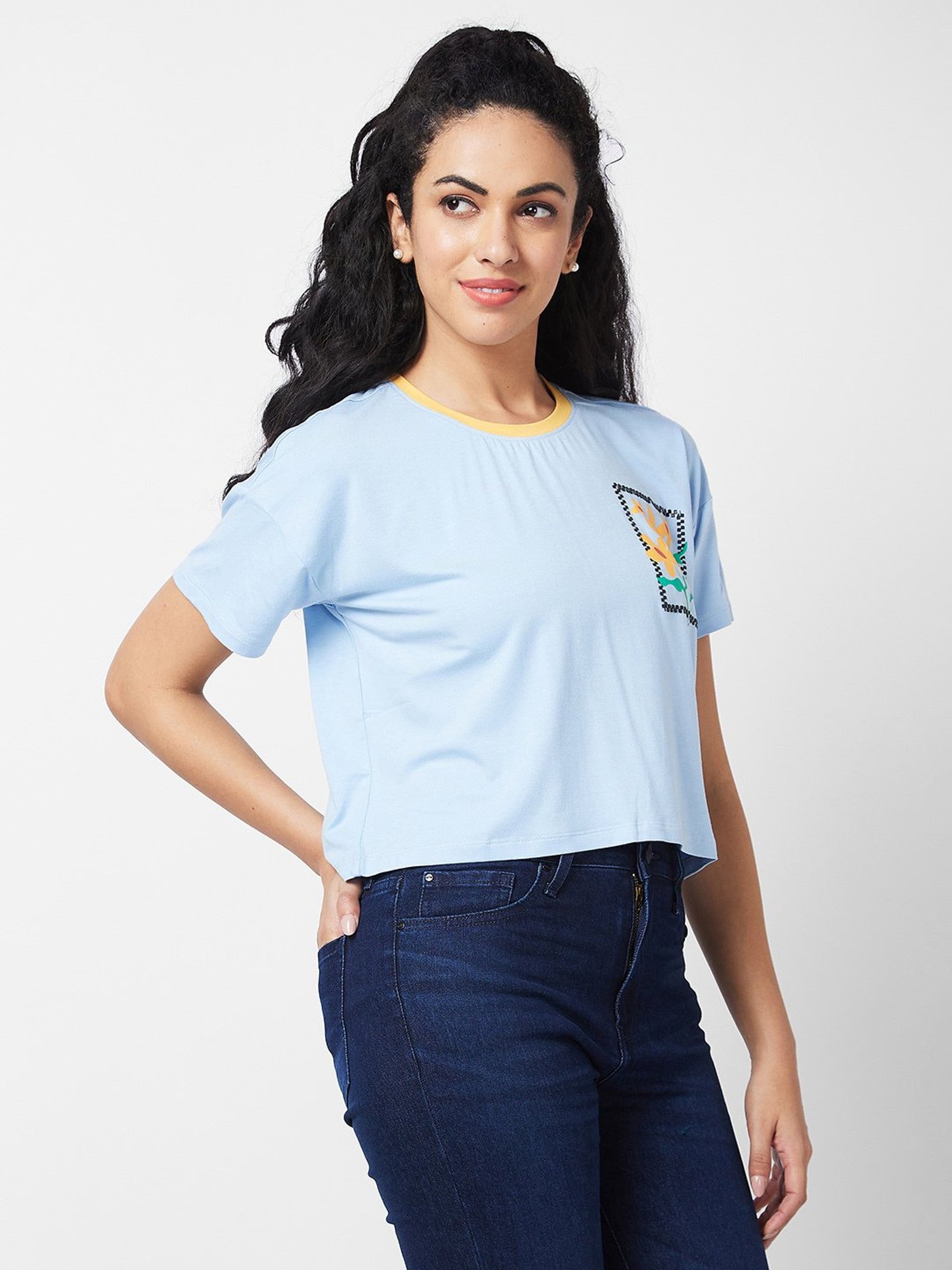 Spykar Sky Blue Floral Print Crop T-Shirt