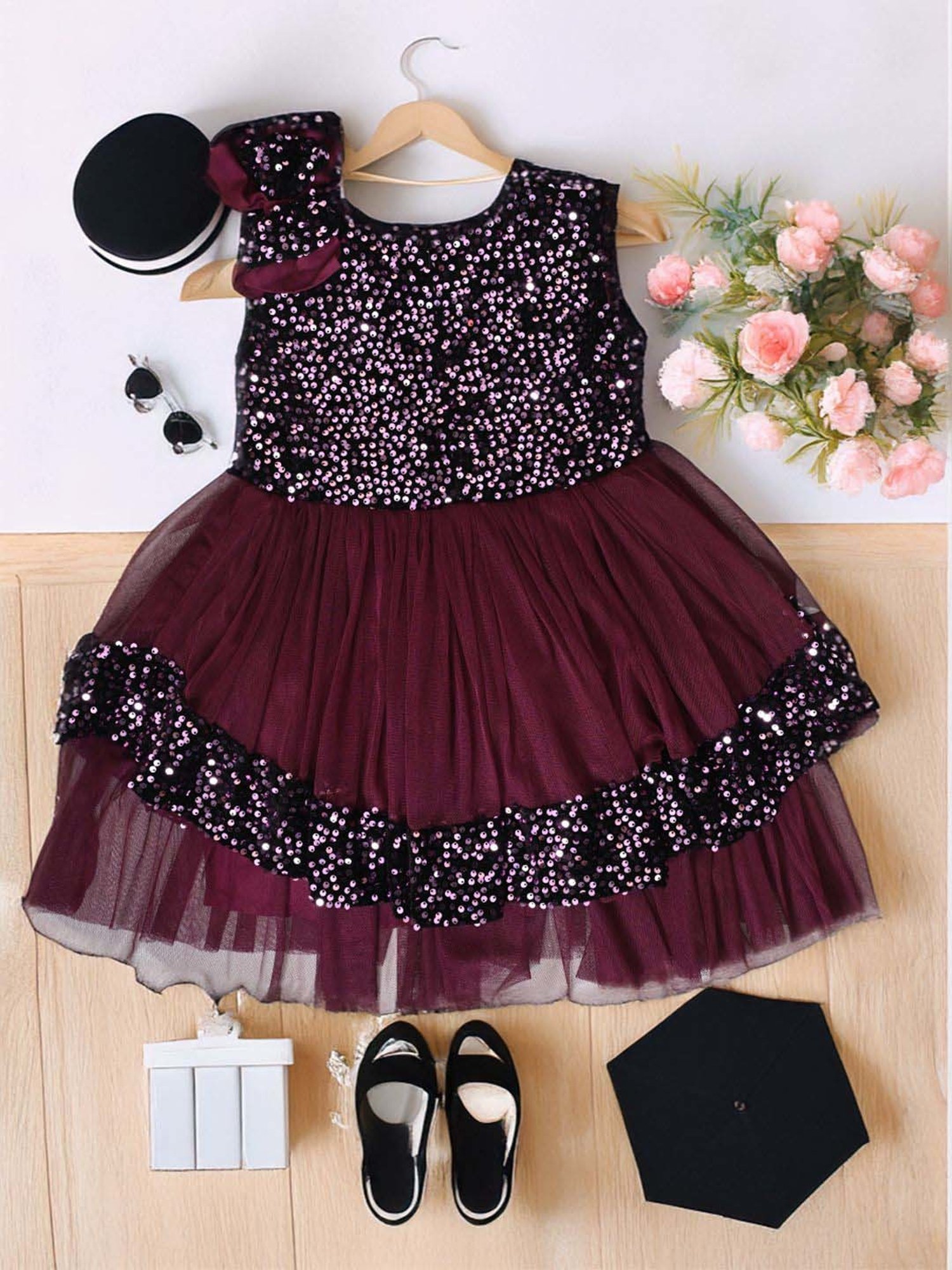 Bella Moda Kids Maroon Self Pattern Dress