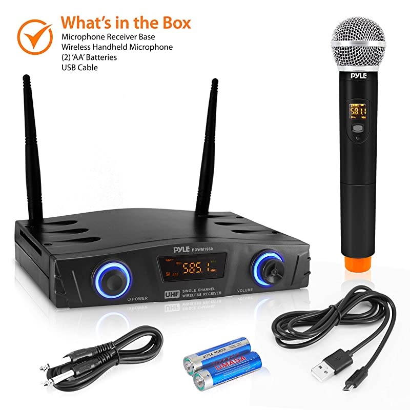 Compact UHF Wireless Microphone System Pro Portable 1 Channel Desktop Digital Mic Receiver Set w 1 Handheld Mic Receiver Base USB Cable Battery XLR for Home PA Karaoke DJ  PDWM1980