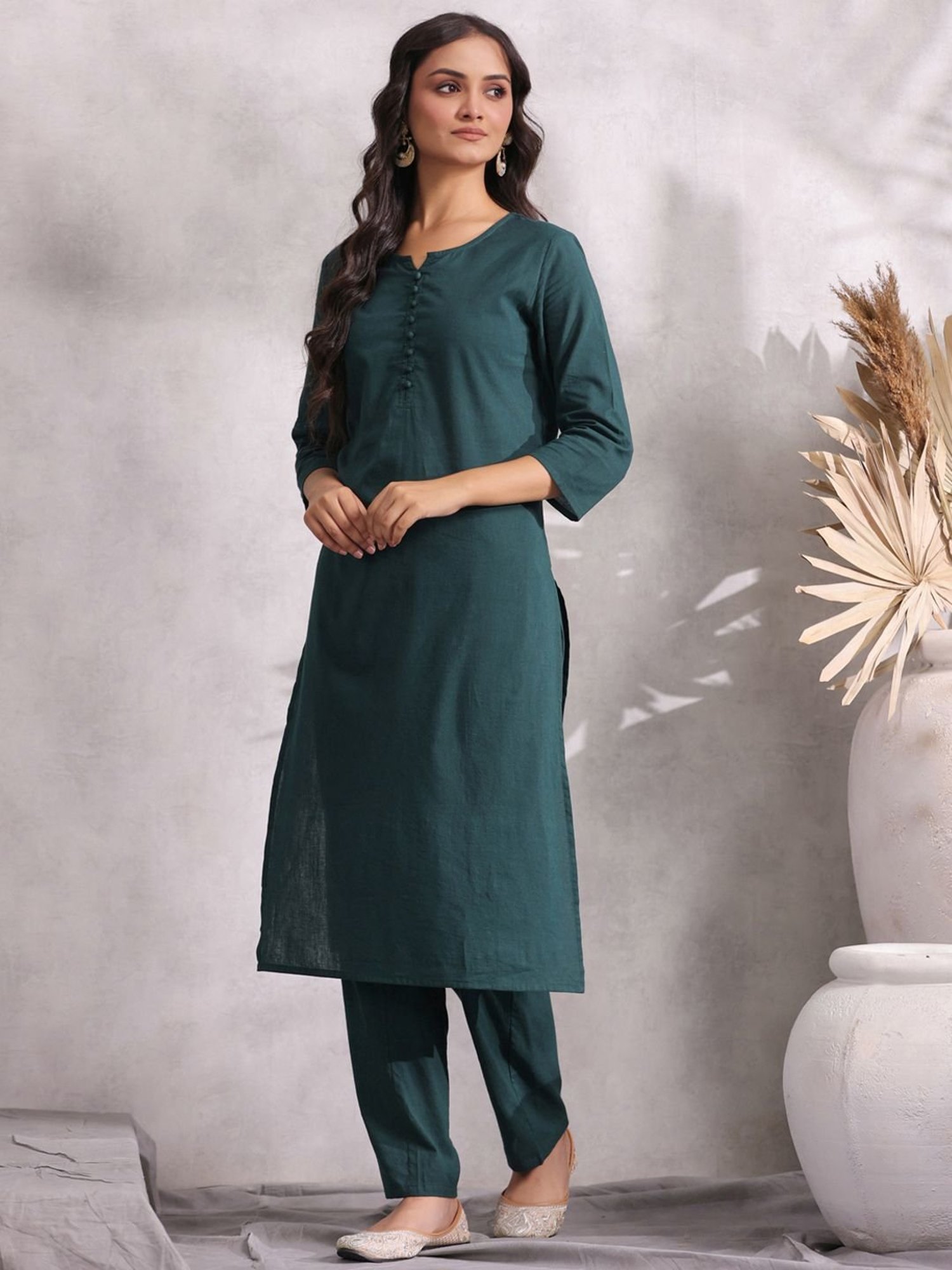 Anubhutee Green Cotton Kurta Pant Set With Dupatta